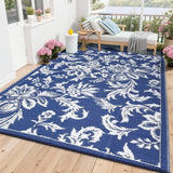Garvee Waterproof Outdoor Rug 9x12 for Patio, Foldable Reversible Modern Area Rug, Large Plastic Straw Mat for Camping, RV, Porch, Backyard, Deck, Picnic, Beach, Blue & White - Navy Blue