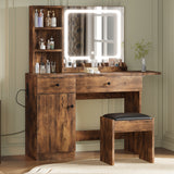 Garvee Vanity Desk with Mirror & Light, Makeup Vanity Table with Charging Station, Large Storage Cabinet & 2 Drawers & 3 Open Shelves, 3 Lighting Modes Adjustable Brightness, Bedroom Dressing, Brown - Brown