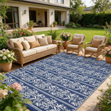 Garvee Waterproof Reversible Outdoor Rug - Boho Leaf Design - Mark & UV Resistant Plastic Mat with 4 Stakes & Storage Bag, Collapsible, Lightweight Patio Carpet for Camping, RV, Picnic, Balcony, Deck -  9x12ft, Navy Blue/White - Navy Blue