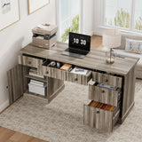 Garvee Stylish Fluted Panel Computer Desk, 60in Executive Workstation with Charging Function for Study - Gray