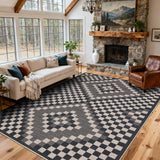 Garvee 5' x 7' Geometric Indoor Outdoor Rug, Washable Easy Jute-Style Linen-Look Reversible Non-Slip Rug for Living Room & Patio, Black - Black