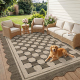 Garvee Scalloped Jute Outdoor Rug - Modern Boho Checkered Design - Washable Non-Slip Area Mat for Living Room, Porch, Balcony, Entryway, Office - Grayish Brown, 5x7ft - Taupe