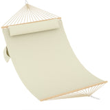 Garvee 2 Person Quilted Fabric Hammock with Curved Wood Spreader Bars, 12' Large Freestanding Swing Bed with Pillow for Outdoor Patio, Beige - Beige
