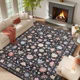 Garvee 10×13ft Folding Printed Area Rug, Machine Washable Non-Slip Low Pile Floral Butterfly Carpet for Living Room Bedroom Nursery,Black - Black