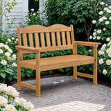 Garvee Outdoor Poly Lumber Patio Bench, 2-Person Weather-Resistant Garden Bench with Curved Backrest, Slatted Seat & Wide Armrests, Natual
