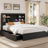 Garvee Queen Size Wood Bed Frame with Bookcase Headboard – Storage Drawers, Built-in Charging Station, Sturdy 1000 lbs Noise-Free Metal Platform, No Box Spring Needed – Black Wood Grain, QUEEN size - Black