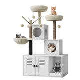 Garvee 53.7-Inch Litter Box Enclosure with Cat Tree, 2-in-1 Modern Large Cat Tower for Indoor Cats with Condo/Hammock/Scratching Post/Plush Perch/Caves, Wooden Hidden Litter Box Furniture, White - White
