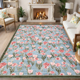 Garvee Floral 8x10 Living Room Bedroom Rugs, Washable Non-Slip Vintage Retro Accent Dining Room Rug, Soft Low-Pile Indoor Farmhouse Decorative Rugs for Home Office Girls Room, Pink - Sky Blue