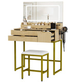 Garvee Modern Fluted Vanity Desk with Glass Top, Large LED Mirror, 3 Drawers, 3 Storage Shelves, Power Outlet, Hair Dryer Rack & Stool – Makeup Table for Bedroom – Natural Wood Finish - Natural