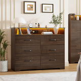 Garvee 6 Drawer Dresser for Bedroom - 47.2” Wide Double Chest of Drawers with LED Light and Charging Station, Modern Large TV Stand Cabinet Organizer with Open Shelf for Living Room, Entryway, Hallway, Brown - Dark Oak