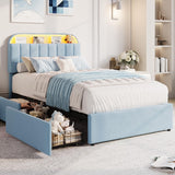Garvee Upholstered Twin XL Bed Frame with Adjustable Storage Headboard, 2 Drawers, LED Lights, Noise-Free, Easy Assembly, Ideal for Kids Boys or Girls, No Box Spring Needed - Blue, Twin XL Size