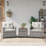 Garvee 3-Piece Patio Furniture Set, PE Rattan Outdoor Conversation Set with 2 Wicker Chairs, Cushions & Tempered Glass Coffee Table for Patio, Balcony, Garden, Gray & Beige