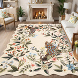 Garvee Scalloped Floral Peacock Rug 5x7 Washable Non-Slip Low Pile TPE Backing Lightweight Durable Nursery Living Room - Beige