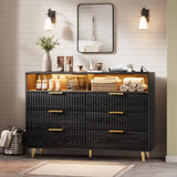 Garvee 47.2" w 6 Drawers Dresser with LED Lights & Charging Station, Modern Curved Fluted Wood Chest of Drawers with Gold Handles for Bedroom & Living Room, Black - Black