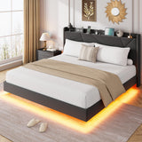 Garvee King Size Floating Bed Frame with RGB LED Lights & Charging Station - Upholstered Platform with Storage Headboard, Button Tufted Design, Folding Shelves - Metal Slat Support, No Box Spring Needed - Color: KING Black - Black