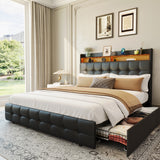 Garvee Modern Queen Size Upholstered Bed Frame with LED Light, Double-Layer Soft Headboard, 2 Storage Drawers, Charging Socket & USB Port, Matte Black PU Leather & Vintage Wood, QUEEN black matte - vintage board (PU leather) - Black|PU