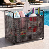 Garvee Outdoor Rattan Pool Float Storage Bench 33" × 26" × 36", PE Rattan Organizer with Mesh Sides, Handles & Locking Wheels, Gray