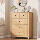 Garvee Modern Minimalist 5 Drawer Dresser - Tall Wooden Chest with Deep Drawers, Metal Knobs, Spacious Storage Cabinet for Kids Room, Hallway, Closet - Almond Yellow - Natural Oak