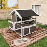 Garvee Insulated Outdoor Cat House Weatherproof with Balcony and Shade, Side Steps, Railings & Raised Floor, Asphalt Roof, All-Around Insulation 2-Story Wooden Feral Cat Shelter for Small Animals