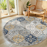 Garvee North African Trellis Washable Round Area Rug – Vintage Distressed, Mark Resistant, Non-Slip Low Pile Accent Carpet for Living Room, Bedroom – 5ft, Blue and Yellow - Blue/Yellow