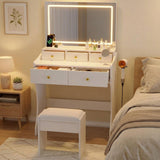 Garvee 31.5-Inch Wide Vanity with Chair, Womens Vanity with Stool, LED Mirror, Hairdryer Holder, Power Outlet, 3 Lighting Color Adjustable - White