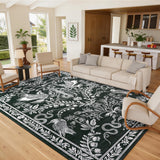 Garvee 9' x 12' Large Vintage Botanical Bird & Snake Area Rug, Washable Non-Slip Soft Low-Pile Rug for Living Room & Dining Room, Black - Black