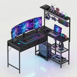 Garvee Computer Desk with 3 Fabric Drawers, 50.4 in l-Desk Display Shelves with Led Light & Power Outlet, PC Table Workstation for Home Office, Gaming Desk for Small Spaces, Black - Black