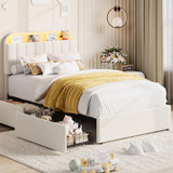 Garvee Upholstered Twin Bed Frame with Adjustable Storage Headboard, 2 Drawers, LED Lights, Noise-Free, Easy Assembly, Perfect for Kids or Girls, No Box Spring Needed - Offwhite, Twin Size - Velvet White-Led