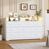 Garvee 10 Drawers Dresser with Open Shelf, 65" Wide Chest of Drawers with Large Storage Space and Charging Station, Modern Organizer Cabinet for Bedroom, Living Room, Hallway, White - White