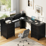 Garvee 63" Executive l Shaped Desk with 4 File Drawers & Power Outlet, Large Corner Computer Desk with Monitor Stand and Power Outlets, Home Office Desks with Storage Drawers - Black