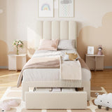 Garvee Wave Headboard Twin Soft Velvet Platform Bed Frame with Storage Drawer - Boucle Upholstered, Strong Wooden Slats, Noise-Free, Easy Assembly, Perfect for Kids and Girls Bedroom, No Box Spring Needed, Color: Off- (TS), Size: Twin Soft Velvet - Taddy|Beige