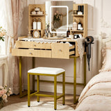Garvee Modern Vanity Desk with Lighted Mirror – 3-Color Dimmable LED, Built-in Charging Station, 3 Drawers, Open Shelves, Hair Dryer Holder, Bedroom Dressing Table Set – Natural Wood Color - Natural Wood