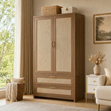 Garvee Large Boho Rattan Wooden Armoire Wardrobe Closet – 71" Tall, Drawers, Shelves, Hanging Rod, 2/3 Doors – Bedroom Standing Storage Cabinet – Dark Oak - Dark Oak