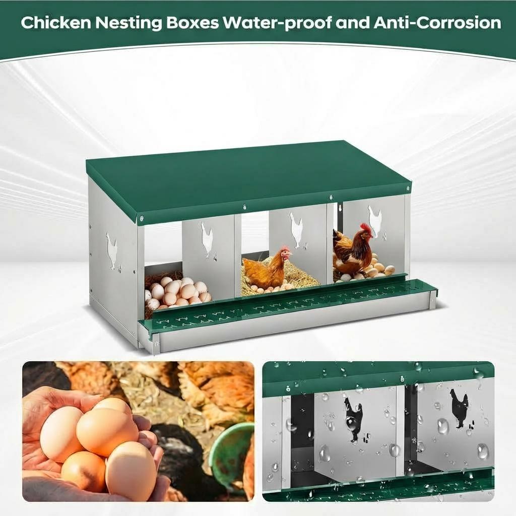Garvee Chicken Nesting Box, 3 Room Galvanized Steel Laying Boxes, Metal Nesting Boxes for Hens with 10 Pads & 4 Fake Eggs, Easy Egg Collection, Vented Holes Poultry Nest for Chicken Coop, Green
