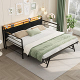 Garvee Twin Daybed with Trundle Sofa Bed, RGB LED Lights, Charging Station, Linen Upholstered Headboard, Heavy-Duty Metal Frame, Black, Living Room Guest Room - Black(Corduroy)