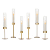 Garvee Gold Hurricane Candle Holders Set of 6, Taper Candlestick Holders with Ribbed Glass Cylinder Sleeves, Elegant Table Centerpiece for Wedding, Birthday, Christmas, Home Decor - Vertical Stripe