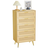 Garvee Modern Rattan 5-Drawer Dresser with Metal Handles & Splayed Legs – MDF Tall Chest of Drawers for Bedroom, Entryway & Living Room Storage-Natural - Natural Oak