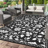 Garvee 10x14 Black&White Outdoor Rug Waterproof Reversible, Floral Plastic Straw Patio Rug, Foldable Outdoor Area Rug for RV Camping, Picnic, Beach, Balcony, Deck & Garden - Black & White