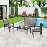 Garvee 4 Piece Patio Furniture Set, Outdoor Conversation Set with Loveseat, 2 Single Chairs and Coffee Table, Modern Metal Patio Set with Breathable Textilene Seats for Porch, Backyard, Balcony, Beige - Brown