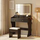 Garvee 31.5-Inch Wide Vanity with Chair, Womens Vanity with Stool, LED Mirror, Hairdryer Holder, Power Outlet, 3 Lighting Color Adjustable - Black