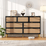 Garvee Rattan 7 Drawer Tall Dresser with Deep Drawers, Natural Rattan Doors, Wooden Chest with Metal Legs, Wide Top, Bedroom & Living Room Storage - Black