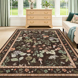 Garvee 9x12 Washable Floral Area Rug, Non-Slip Low Pile Rug, Stain Resistance Carpet for Living Room, Bedroom, Dining Room, Brown - Brown