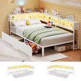 Garvee Twin Corner Bed Frame with Charging Station & LED Lights, Metal & Wood, Storage Drawers & Bookcase Headboard, Modern Design for Kids & Teens - White