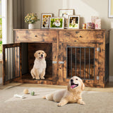 Garvee 60" Dog Crate Furniture for 2 Dogs, Heavy Duty Dog Kennel Furniture TV Stand with 2 Drawers, Dog Crates for Small Medium Dogs, Dog Cage End Table for Indoor Use,Vintage Brown - Brown