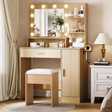 Garvee Vanity Desk with Mirror and 3 Lighting Modes, Large Drawers, Waterproof Finish, Charging Station, Cushioned Stool, Bedroom Makeup Set - Natural