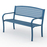 Garvee 50" Outdoor Metal Garden Bench, Weather-Resistant Steel Patio Bench with Curved Backrest, Decorative Pattern & Sturdy Alloy Steel Frame for Porch, Yard, Park, Deck & Backyard, Blue - Blue