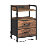 Garvee Rustic Brown Patio Side Table with 2 Fabric Drawers - Open Storage Shelf, Modern MDF & Iron bedside table - For Bedroom, Living Room, Outdoor, Space-Saving - Wood Color - Brown