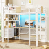 Garvee Space-Saving Twin Loft Bed with Desk and Stairs – Heavy Duty Metal Frame – RGB LED Lights – USB Charging Station – 3 Fabric Drawers & 2 Open Shelves – Modern Kids & Teens Bunk Bed – No Box Spring Needed – Light White - White with LED