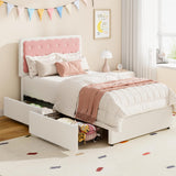 Garvee Twin Bed Frame with Biscuit Tufted Velvet Headboard, Adjustable Height, Storage Drawers, Engineered Wood, Sturdy Slats, Pink & White, Bedroom - With 2 Drawers (Cream White & Pink)