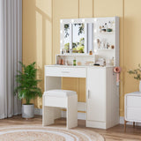 Garvee 35.4-Inch Vanity with Mirror, Featuring Three-Level Adjustable Lighting, a Drawer Unit, Shelves, an Outlet, and a Stool. a Compact Vanity Suitable for Living Rooms and Apartments – White - White